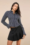 Lulus Stylish Choice Navy And White Striped Bustier Button-up Top In Navy