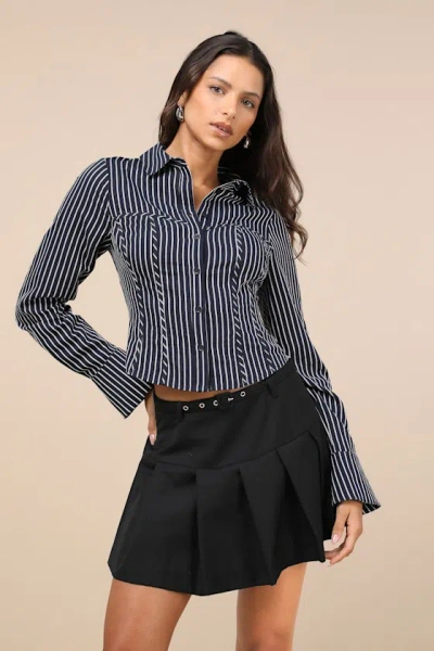 Lulus Stylish Choice Navy And White Striped Bustier Button-up Top