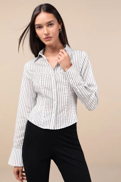 Lulus Stylish Choice White And Black Striped Bustier Button-up Top