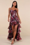 Lulus Stylish Decision Black And Magenta Floral Ruffled Maxi Dress In Magenta