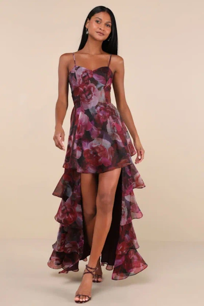 Lulus Stylish Decision Black And Magenta Floral Ruffled Maxi Dress