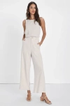 Lulus Stylish Ease Beige Linen High-rise Wide-leg Trouser Pants In Beige