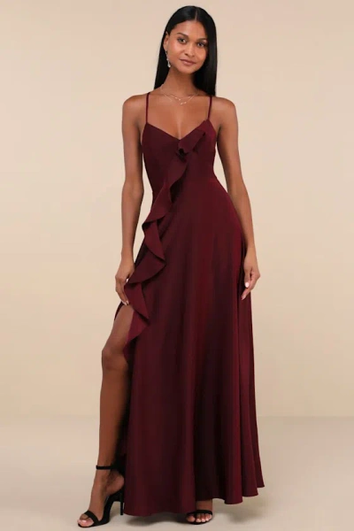 Lulus Stylish Grace Dark Plum Backless Lace-up Ruffled Maxi Dress In Purple