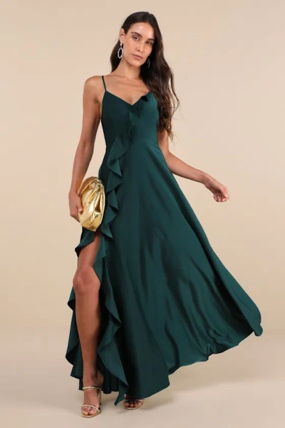 Lulus Stylish Grace Emerald Backless Lace-up Ruffled Maxi Dress In Green