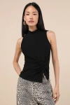Lulus Stylish Inclination Black Mock Neck Knot-front Sleeveless Top In Black