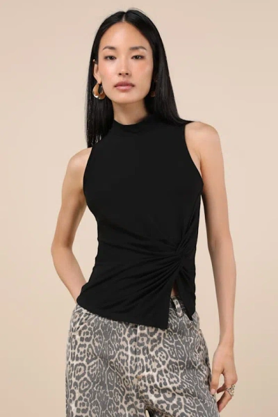 Lulus Stylish Inclination Black Mock Neck Knot-front Sleeveless Top