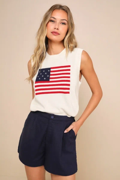 Lulus Stylish Liberty Ivory American Flag Knit Crew Neck Sweater Vest