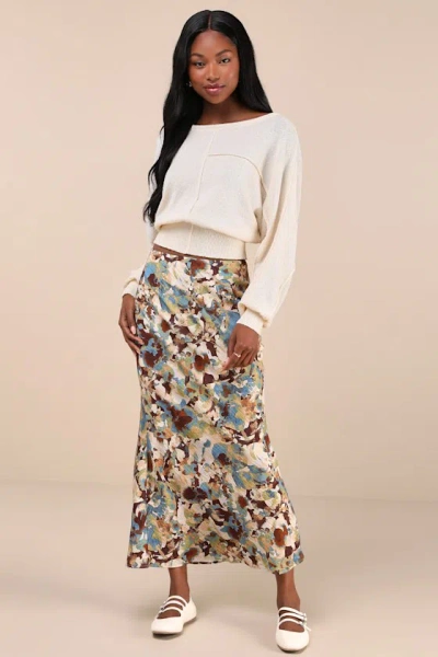Lulus Stylish Option Beige Multi Abstract Floral Midi Skirt