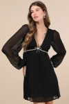Lulus Stylish Shine Black Rhinestone Bow Long Sleeve Mini Dress In Black