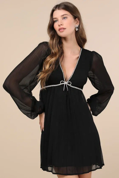 Lulus Stylish Shine Black Rhinestone Bow Long Sleeve Mini Dress