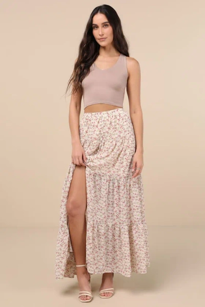 Lulus Subtle Sweetness Cream Floral Print Tiered Maxi Skirt In White