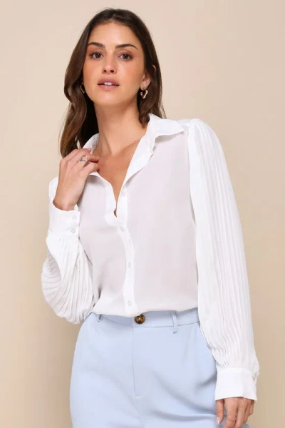 Lulus Successful Poise White Pleated Sleeve Button-up Top