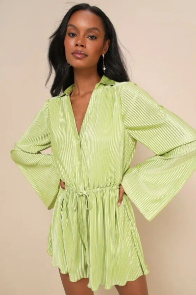 Lulus Suited For Style Chartreuse Satin Plisse Long Sleeve Romper In Green
