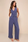 Lulus Suits You Perfectly Dark Blue Linen Wide Leg Pants In Dark Blue