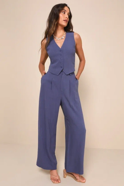 Lulus Suits You Perfectly Dark Blue Linen Wide Leg Pants