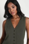 Lulus Suits You Perfectly Olive Green Linen Vest In Olive Green