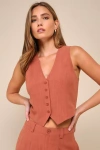 Lulus Suits You Perfectly Terracotta Linen Vest In Brown