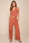 Lulus Suits You Perfectly Terracotta Linen Wide Leg Pants In Brown
