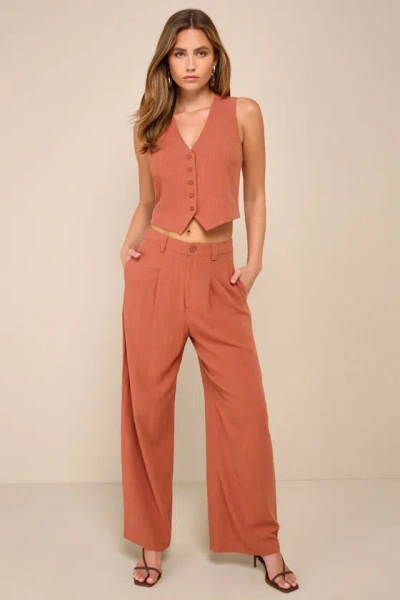 Lulus Suits You Perfectly Terracotta Linen Wide Leg Pants In Brown