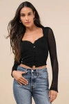 Lulus Sultry Approach Black Mesh Swiss Dot Bustier Long Sleeve Top In Black
