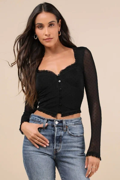 Lulus Sultry Approach Black Mesh Swiss Dot Bustier Long Sleeve Top