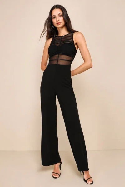Lulus Sultry Charisma Black Mesh Ruched Sleeveless Wide Leg Jumpsuit