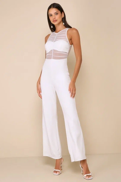 Lulus Sultry Charisma White Mesh Ruched Sleeveless Wide Leg Jumpsuit