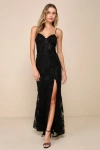 Lulus Sultry Direction Black Floral Lace Sheer Bustier Maxi Dress In Black