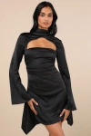 LULUS SULTRY ELEVATION BLACK SATIN LONG SLEEVE CUTOUT MINI DRESS