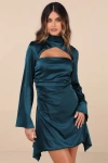 Lulus Sultry Elevation Dark Teal Satin Long Sleeve Cutout Mini Dress In Teal