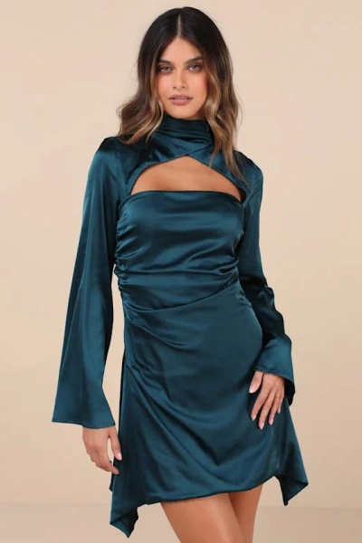 Lulus Sultry Elevation Dark Teal Satin Long Sleeve Cutout Mini Dress
