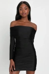 Lulus Sultry Influence Black Off-the-shoulder Ruched Mini Dress In Black