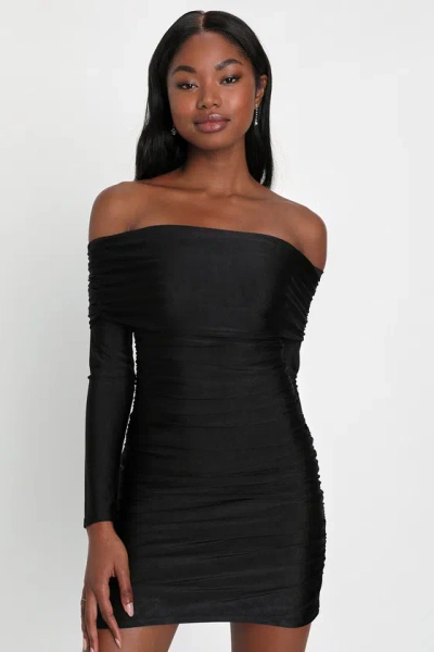 Lulus Sultry Influence Black Off-the-shoulder Ruched Mini Dress