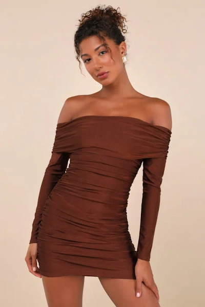 Lulus Sultry Influence Dark Brown Off-the-shoulder Ruched Mini Dress