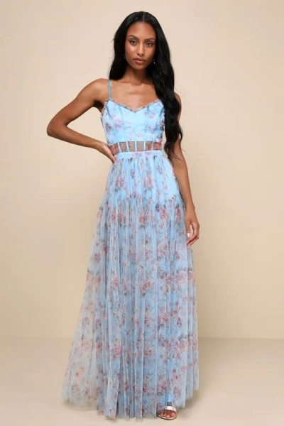 Lulus Sultry Luxury Blue Floral Print Mesh Tiered Bustier Maxi Dress