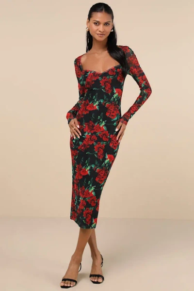 Lulus Sultry Marvel Black Floral Mesh Midi Dress
