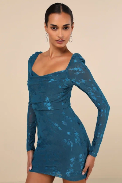 Lulus Sultry Occasion Dark Teal Mesh Floral Long Sleeve Mini Dress