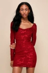 Lulus Sultry Occasion Wine Red Mesh Floral Long Sleeve Mini Dress In Wine Red