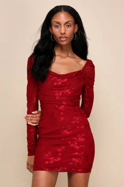 Lulus Sultry Occasion Wine Red Mesh Floral Long Sleeve Mini Dress