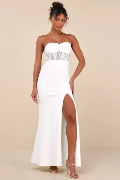 Lulus Sultry Persona White Lace Strapless Bustier Mermaid Maxi Dress