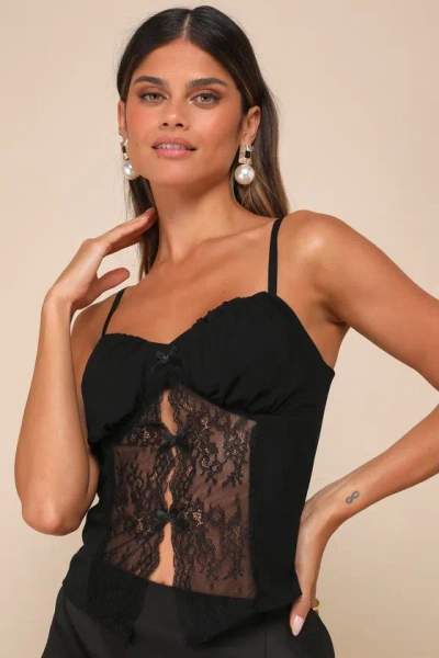 Lulus Sultry Pick Black Mesh Sheer Lace Bow Cami Top
