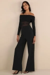Lulus Sultry Statement Black Mesh Ruched Off-the-shoulder Jumpsuit In Black