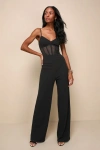 Lulus Sultry Strut Black Mesh Bustier Sleeveless Wide-leg Jumpsuit In Black