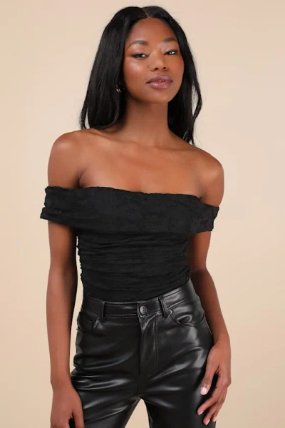 Lulus Sultry Whimsy Black Lace Off-the-shoulder Bodysuit
