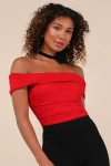 Lulus Sultry Whimsy Red Lace Off-the-shoulder Bodysuit In Red