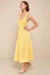 Lulus Summer Beauty Light Yellow Ribbed Twist-back Midi Dress In Light Yellow