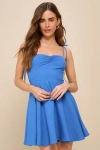 Lulus Summer Certainty Blue Embroidered Tie-strap Skater Mini Dress In Blue