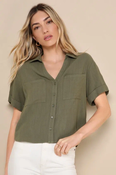 Lulus Summer Escapades Olive Green Linen Collared Button-up Top