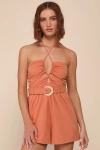 Lulus Summer Fantasy Terracotta Cutout Belted Halter Romper In Orange