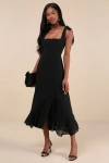 Lulus Summer Invite Black Tie-strap Tiered Midi Dress In Black